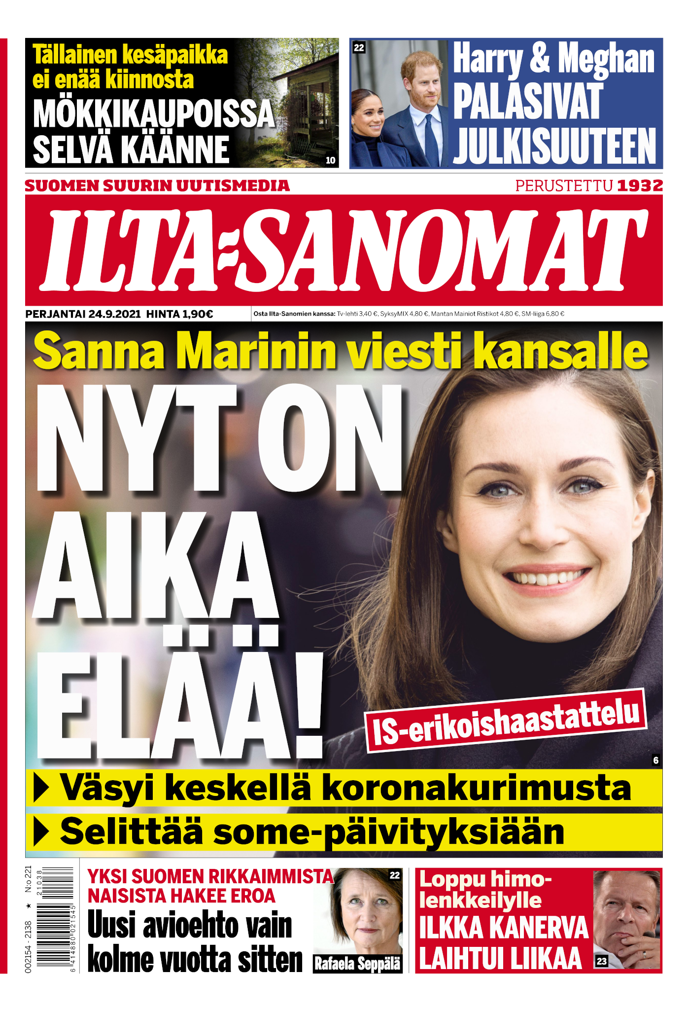 Ilta-Sanomien kansi 24. syyskuuta 2021. Kuvassa Sanna Marin ja teksti 